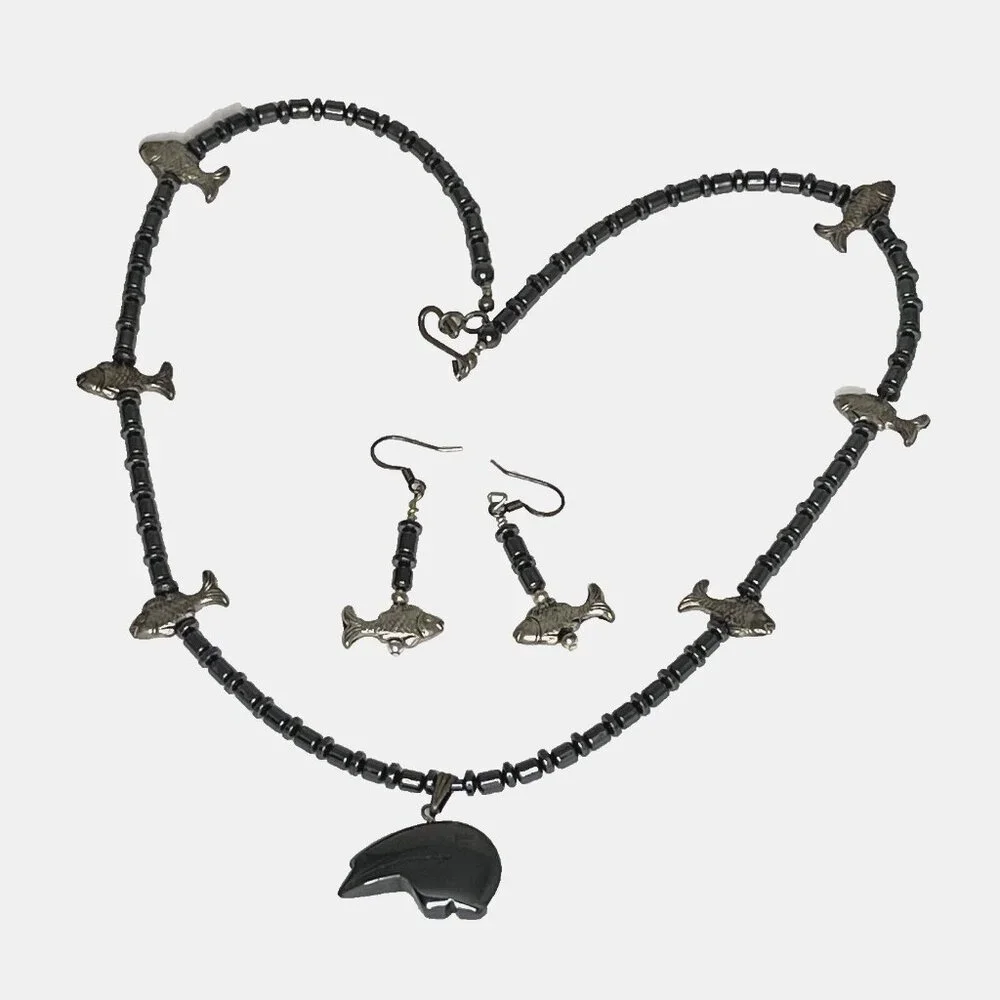 Southwest Hematite Native Fetish Bear w Fishes Set Necklace, Drop Earrings 21" L - Picture 2 of 7